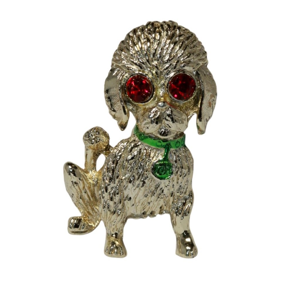 Gerry's Dog Puppy Brooch Pin Red Rhinestone Eyes Gold Tone Vintage